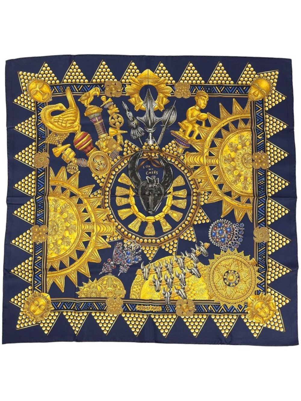Hermes Carre 90 L'or Des Chefs Scarf Chiefs' Gold Silk Navy Multicolor